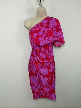 DO+BE One-Shoulder Red and Pink Floral Dress size 0 faux wrap skirt ruched